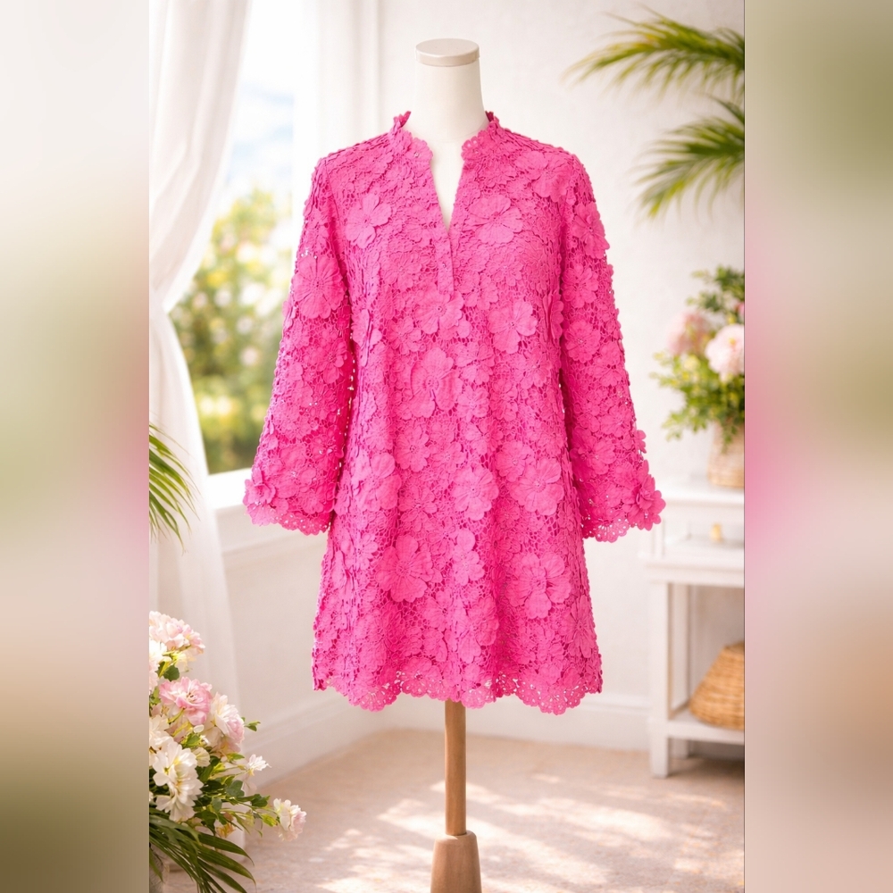 New with Tags J.Marie Pink 3D Floral Lace Dress | 100% Cotton | Size M